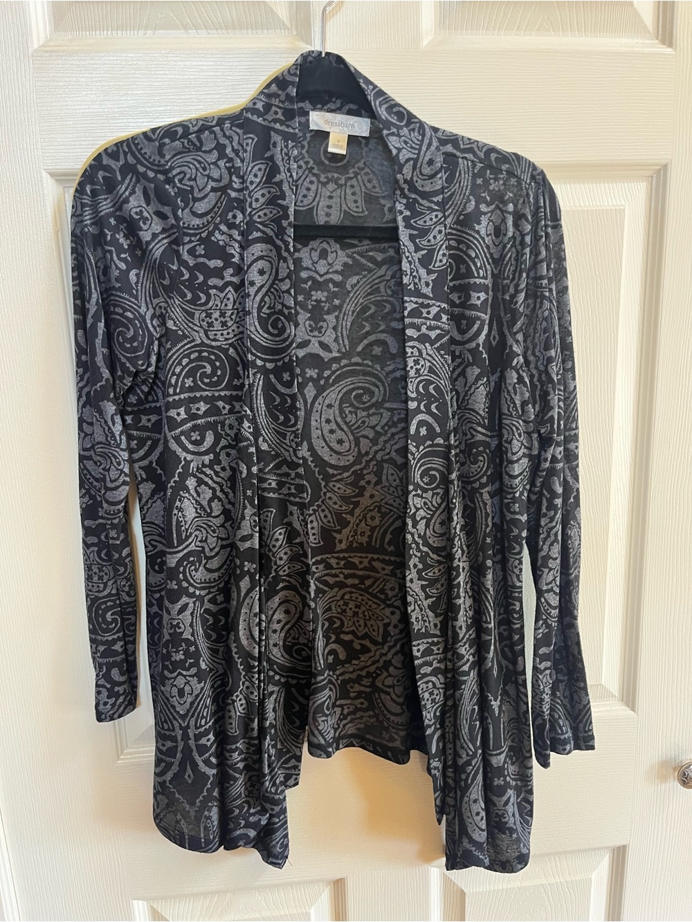 dressbarn Black & Gray Paisley Open Front Blazer-Style Cardigan